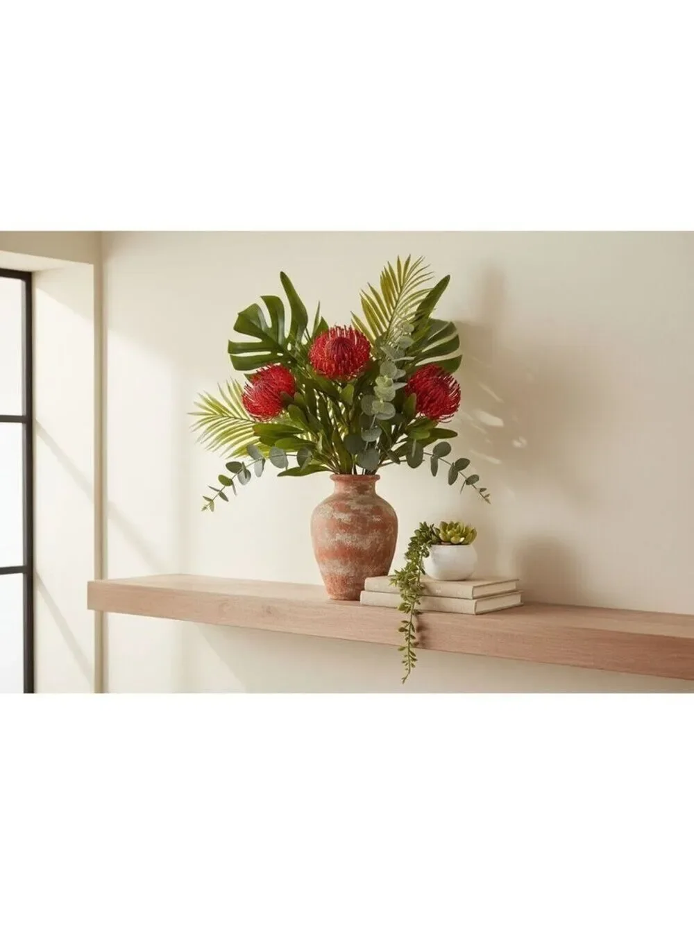 Artificial Red Pincushion Protea Stem | Faux Leucospermum Flower | Tropical Flor